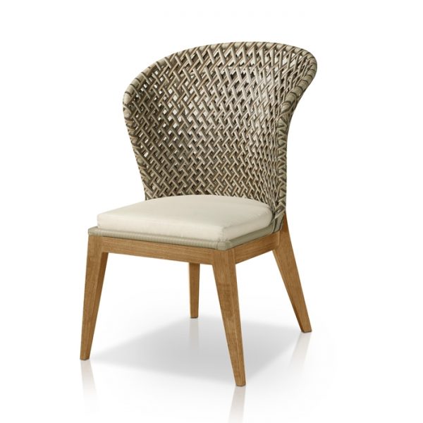 cadeira alta em fibra sintética, madeira Téca, aluminio e tecidos especiais de area externa