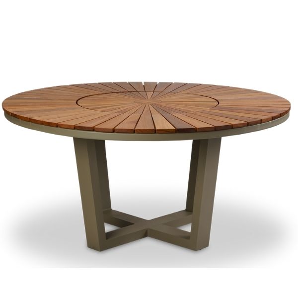 mesa redonda em aluminio e madeira cumaru