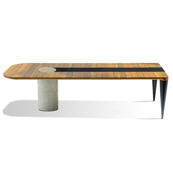 mesa em madeira teca e concreto para varanda gourmet
